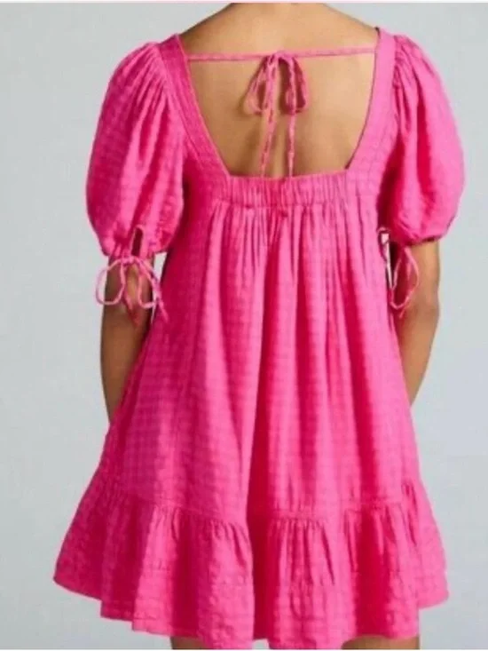 Anthropologie Hot Pink Square-Neck Tiered Puff-Sleeve Mini Dress XS - Picture 3 of 3